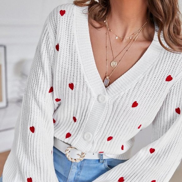Heart Embroidered Bishop Sleeve knit Sweater Cardigan - Picture 3 of 5